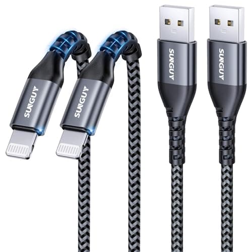 Image of SUNGUY USB-A to Lightning Cable 0.3M, 2Pack [MFi Certified] USB to Lightning Cable for Car, iPhone Charger Cord Nylon Braided Compatible with iPhone 14/13/12/11 Pro Max Mini X XS XR Plus 10 iPad, Grey