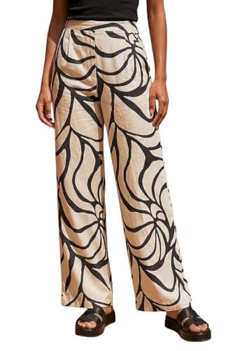 Image of Roman Originals Wide Leg Trousers for Women UK - Ladies Palazzo Pants Floral Print Abstract Everyday Holiday Spring Summer Comfy Soft Evening Vacation Work Party - Noir Floral - Size 14