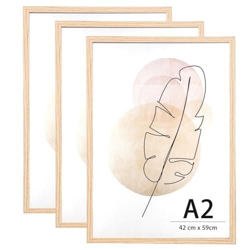 Image of KAIWIN A2 Picture Frame Oak Set of 3, Wooden Poster Frame, A2 Picture Frames for Wall Mounting Display for Home, Office,Gallery,Holiday with Photos, Posters, Puzzles