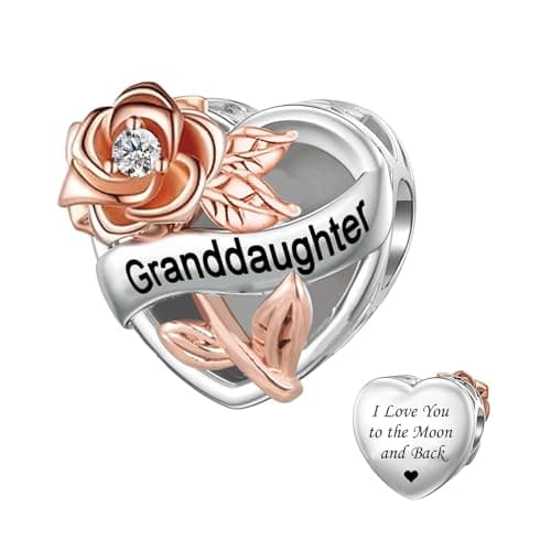 Image of KunBead Granddaughter Rose Flower Family I Love You to the Moon and Back Birthday Heart Love Bead Charms Compatible with Pandora Bracelet for Women