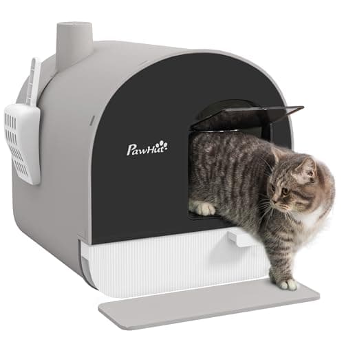 Image of PawHut Hooded Cat Litter Tray with Slide-Out Drawer, Enclosed Cat Litter Box with Anti-Tracking Mat, Scoop, Filter for Odor Control, Flap Door, Easy Cleaning, 43 x 44 x 47cm,Light Grey
