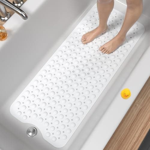 Image of HITSLAM Non Slip Bath Mat for Tub, 101 x 40cm Extra Long Shower Mat Anti Mould, Machine Washable Bathroom Bathtub Mat with Suction Cups and Drain Holes, Soft on Feet, White