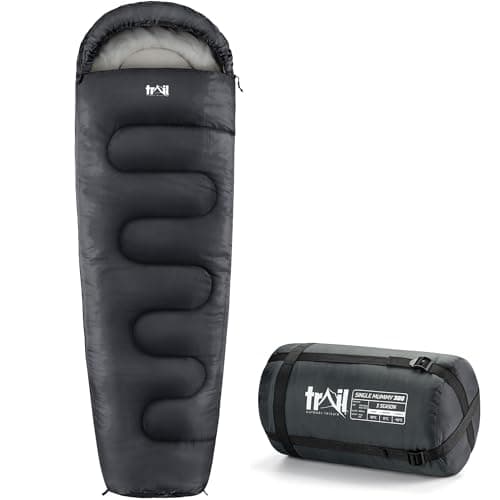 Image of Trail Mummy Sleeping Bag For Adults, Single 3 Season Spring Autumn Winter, 300gsm, Waterproof, Outdoor Camping, Internal Pockets, Lightweight Compression Bag