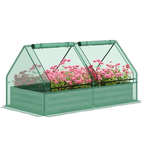 Image of Outsunny Raised Garden Bed with Mini Greenhouse, Outdoor Metal Planter Box with Cover, for Herbs and Vegetables, Use for Patio, Garden, Balcony, Green and Dark Grey