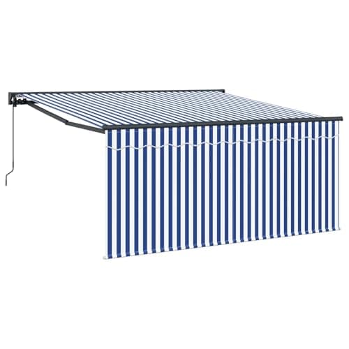 Image of vidaXL Retractable Awning Manual Blue and White 300 x 250 cm, Adjustable Outdoor Canopy, Rectangular, Modern, UV-Resistant, Durable Retractable Awning for Garden, Terrace Sunshade