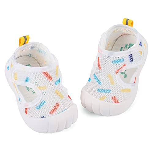 Image of LACOFIA Unisex Baby First Walking Shoes Infant Toddler Anti-Slip Breathable Mesh Trainers White 4.5