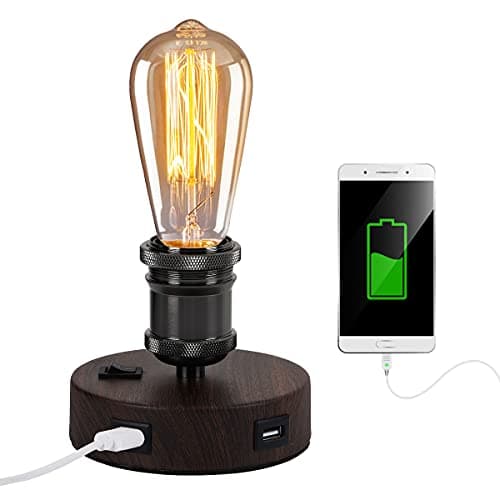Image of Jansi USB Bedside Table Lamp, Industrial Table Lamp with 2 USB Ports, Small Table lamp Vintage Desk Lamp for Bedroom, Office, Living Room (Without Bulb) (Brown)