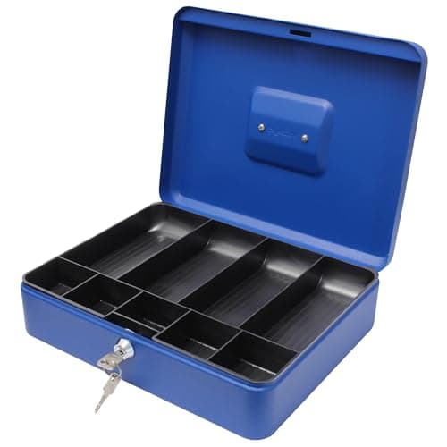 Image of Cathedral Products Key Lockable Cash Box with Lift Out 9 Compartment Coin Tray - 12 Inch - Blue