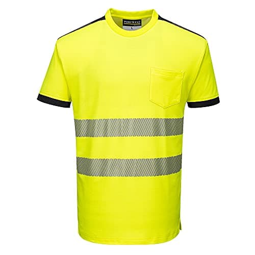 Image of Portwest PW3 T181 Mens Hi-Vis Cotton Comfort T Shirt Short Sleeve Breathable Reflective Tape Safety Workwear Crew Neck Construction Rail Warehouse High Visibility Top, Yellow/Black, XS