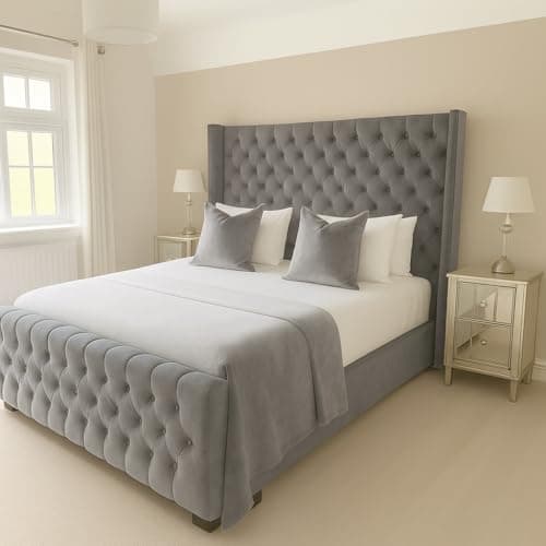 Image of Bespoke Beds Plush Velvet Cannas Wingback Bed - King Size 5ft with Mattress/Gas Lift Ottoman Storage - Steel Plush Grey