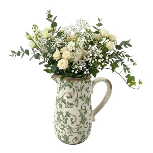 Image of Vintage Style Ceramic Flower Vase Distressed Effect Crackle Glaze Green Botanical Floral Print Ceramic Vase Pitcher Jug Spring Summer Home Gift Decoration (DZ85)