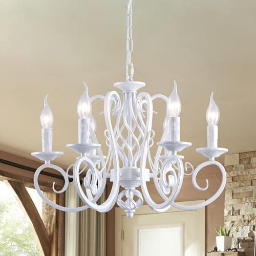 Image of Ganeed Rustic French Country Chandelier Farmhouse Candle Iron Chandeliers Vintage Metal Pendant Light Fixture for Kitchen Island Dining Room Bedroom White 6 Lights