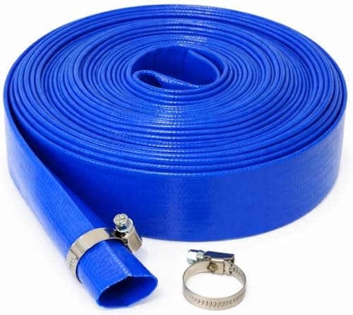 Image of Blue Layflat Water Discharge Hose Pipe Pump Irrigation - 38mm (1.5") Bore with 2 Stainless Steel Hose Clips (5m)