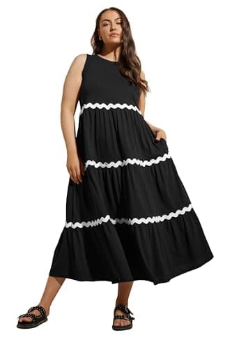 Image of Yours Curve Contrast Swirl Tiered Maxi Dress - Women's - Plus Size Curve Black
