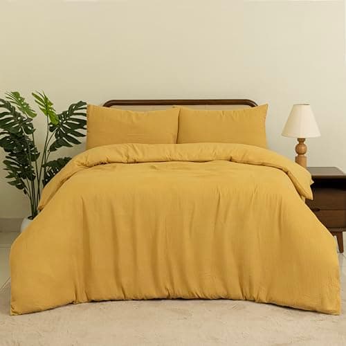 Image of MHG Living Waffle Double Duvet Cover Set (200 x 200 cm) – Cotton Blend, Super Soft & Breathable, Hypoallergenic, Machine Washable Waffle Weave Bedding – Mustard