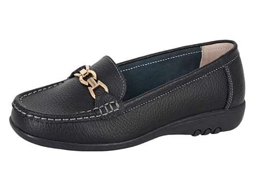 Image of Miss Shoes Extra Wide EEE Fit Leather Bar Loafers (Black, UK Footwear Size System, Adult, Women, Numeric, X-Wide, 6)
