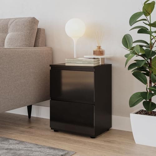 Image of URBNLIVING 49cm High Gloss Bedside Table - 2 Drawers Bedroom Storage Cabinet with Smooth Metal Runner - Modern Dresser Bedside Chest of Drawers for Bedroom Living Room Office Hallway (Black & Black)