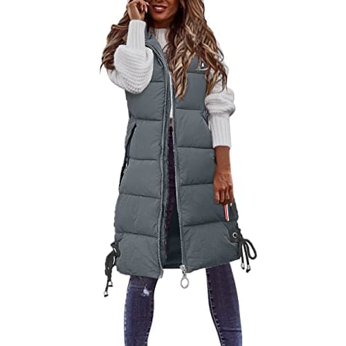 Image of Women Quilted Gilets Long Puffer Vest Winter Warm Sleeveless Jacket Hooded Quilted Gilet Coat Lightweight Padded Outerwear Fashion Zip Up Longline Bodywarmer for Autumn Winter Outerwear (Grey, XL)