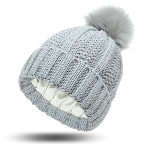 Image of GWAWG Bobble Hat Satin Lined Warm Winter, Pom Pom Beanie, Knit Hats with Faux Fur Pompom for Women Girls Grey