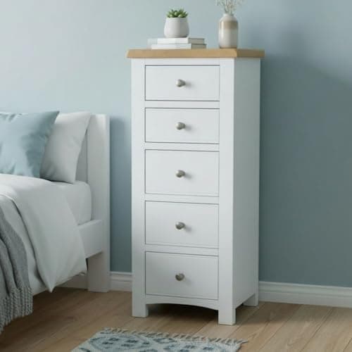 Image of GROF Premium Chest of Drawer Slim Tallboy, 5 Drawer Tall Chest, Painted Bedroom Furniture, Painted White Tallboy Chest of Drawers for Bedroom, Fully assembled (White, W48cm - D40cm - H120cm)