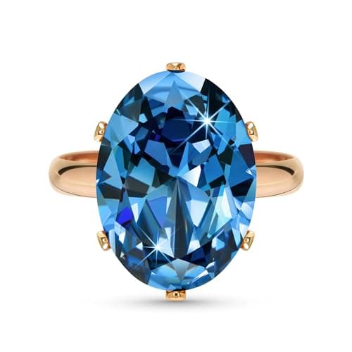 Image of Linawe Aquamarine Ring Blue Cubic Zirconia Imitation Diamond Crystal Jewellery for Women Rose Gold, Birthstone Gemstone Adjustable Ring, Oval Rhinestone Chunky Boho Cocktail Dupes