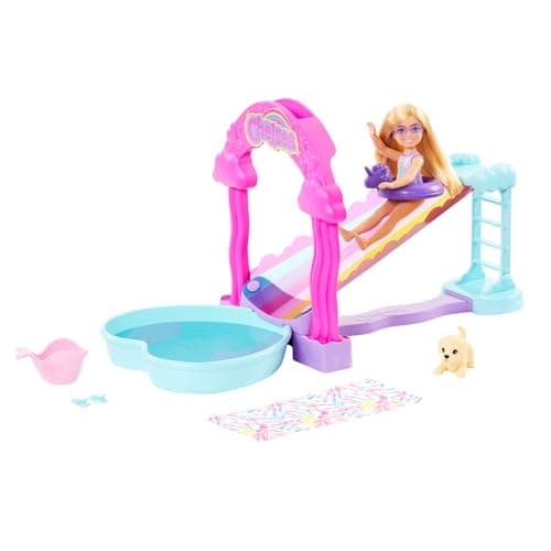 Image of Barbie Chelsea Rainbow Water Slide Playset with Doll, Dog, & Accessories, Pour Water Into Arch to Make it “Rain”, HTK39