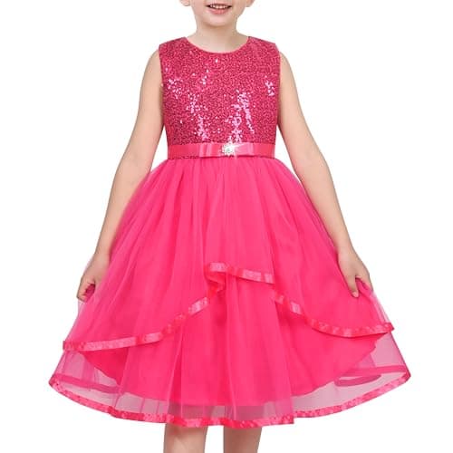 Image of Sunny Fashion Flower Girls Dress Hot Pink Sparkle Sequin Bridesmaid Pageant Birthday Age 7 Years