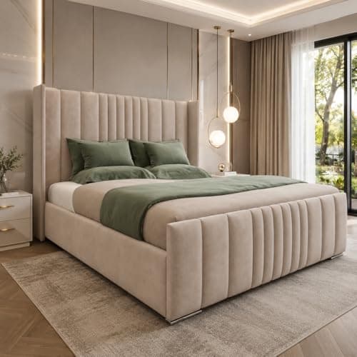 Image of AL SULTAN 5FT King Size Bed Frame with 48" Wingback Headboard, Upholstered Plush Velvet Beige King Bed with Solid Wood Slats for Bedroom