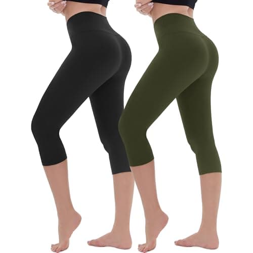 Image of AMIYOYO Cropped Leggings for Women 2 Pack High Waisted 3/4 Length Capri Leggings White Tummy Control Workout Yoga Gym Activewear