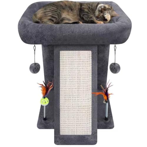 Image of TWDEPART Small Cat Tree for Indoor Cats, Activity Centre Climbing Tree with Scratching Board and Playful Toy Balls, Grey