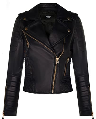 Image of Ladies Leather Biker Jacket Quilted Matte Black Gold Zip Real Nappa Goth Fashion Moto Jacket S