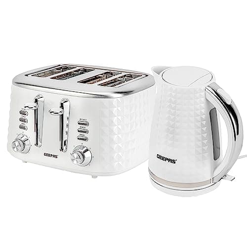Image of GEEPAS Argyle 4 Slice Bread Toaster & 1.7L Cordless Electric Kettle Combo Set with Textured Design | 1750W Toastie Machine 7 Browning Control | 2200W Kettle Auto Shut Off & Boil Dry Sensor | White