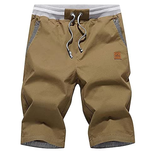 Image of ZOXOZ Mens Shorts Summer Casual Shorts Cotton with Pockets Elastic Waist Drawstring Brown 3XL