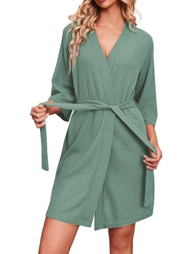 Image of Ekouaer Robes for Women Waffle Knit Bathrobe Soft Lightweight Knee Length Loungewear Green L