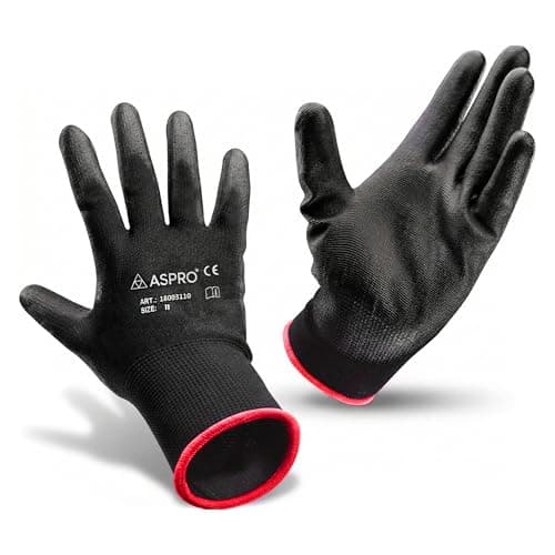 Image of ASPRO 10 Pairs Work and Gardening Gloves - Black Nylon PU Coated Workwear Gloves for Builder, Gardener, Mechanic, Construction, Warehouse etc Size 11 (XXL)