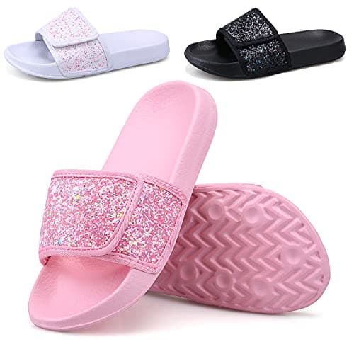 Image of ydscsci Girls Slide Sandals Glitter Sequins Pool Sliders Kids Shower Slippers Beach Flip Flops Hook and Loop Non-slip Thick sole Big Kid Pink Size 3.5 4
