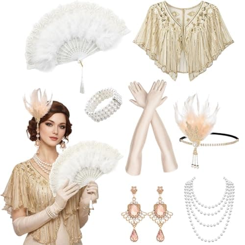 Image of GWAWG 1920s Flapper Great Gatsby Accessories Set,Great Gatsby Accessories Women,Roaring 20's Theme Set,Ladies Charleston Fancy Dress Up Set for Women Christmas Carnival Halloween (champagne gold)