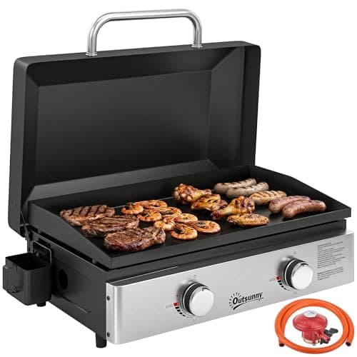Image of Outsunny 2 Burner Grill Griddle, Portable Gas Plancha, 6 kW, Tabletop Gas BBQ with Grease Cup for Camping Picnic Patios, Black