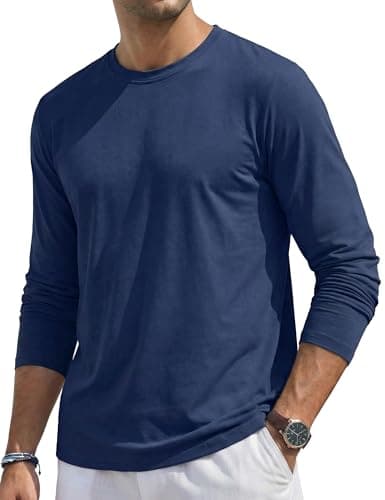 Image of TACVASEN Mens Shirts Long Sleeve Lightweight Cotton Casual T Shirt Classic Crew Neck Moisture Wicking Tops for Work Travel Navy, L