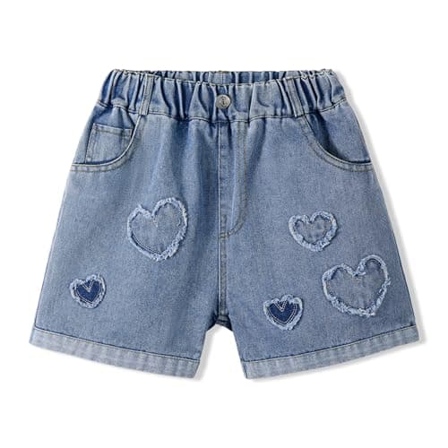 Image of Rolanko Girls Denim Shorts Elastic Waist Summer Ripped Hot Short Jeans with Pockets for Kids, Heart Patchwork, Size: 7-8 Years,130