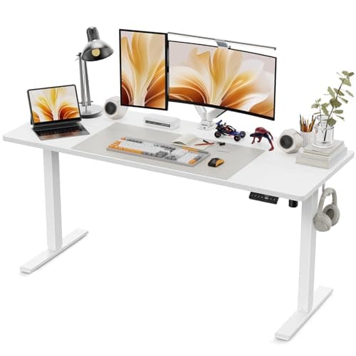 Image of WALKINGDESK 160 x 60 cm Standing Desk, Electric Height Adjustable Desk with 2 Hooks, Computer Desk with 4 Memory Heights and Splice Board, Ergonomic Sit Stand Table for Home Office, White