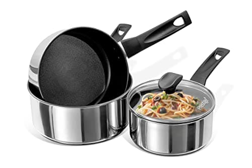 Image of PRESTIGE - 9x Tougher - 3 Piece Saucepan Set - Ultra Durable Stainless Steel - Non-Stick - Induction Suitable - Dishwasher and Oven Safe - Glass lids - 16/18/20cm, Silver (76327)