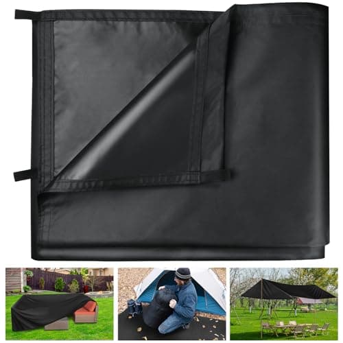 Image of Honsaifau Waterproof Tarpaulin Outdoor Cover: Black 3m x 5m 420D Oxford Fabric Tarp Sheet with Reinforced Loops - Tear-Resistant UV Protection for Camping Garden Shed Furniture Trailer