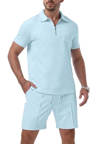 Image of QIXING Mens Shorts and T shirt Sets Polo Colloar Mens Summer 2 Piece Holiday Clothes Co ord Shorts Set with half Zip Tracksuit (Light Blue, M)