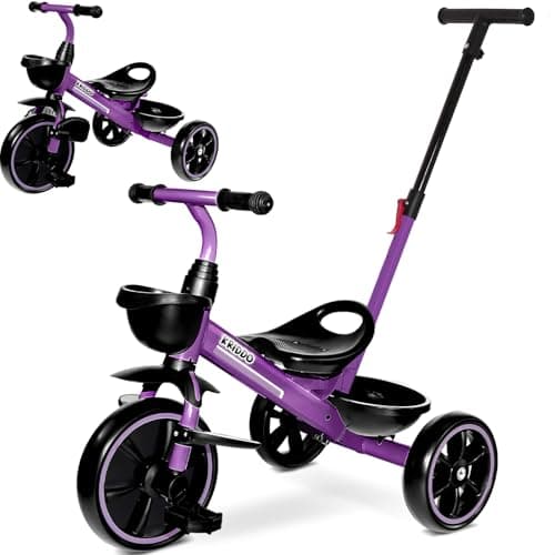 Image of KRIDDO 2-in-1 Toddler Tricycle for Ages 18 Months to 5 Years Old - Extended Push Handle for Effortless Push, Gift Trike for Toddler 3 to 5 Year, Kids Tricycle with Foldable Front Footrest, Purpe