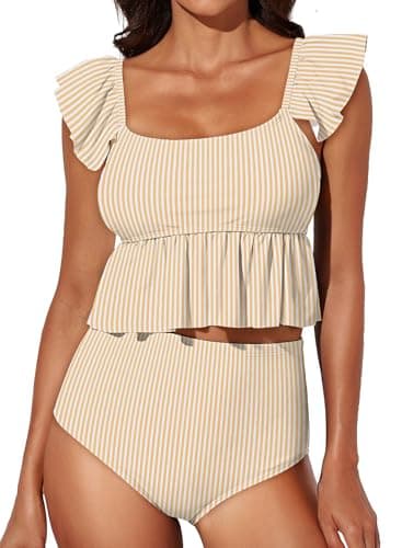 Image of Dokotoo Women's Tankini Sets Swimming Costume Women Tankinis Swimsuits Two Piece Square Neck Striped Swim Top with Bottom Tummy Control Swimwear Beach Bathing Suits Womens Swimsuit Yellow Stripe M