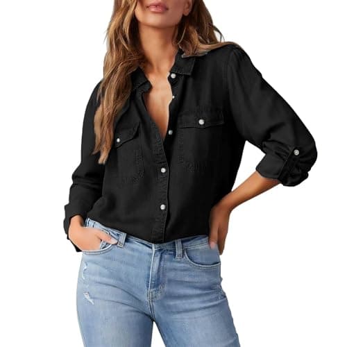 Image of Women's Button Down Denim Shirt - Collared Long Sleeve V-Neck, Chambray Jean Western Style, Equipped with Practical Pockets for Daily Use(1A-Black, XL)