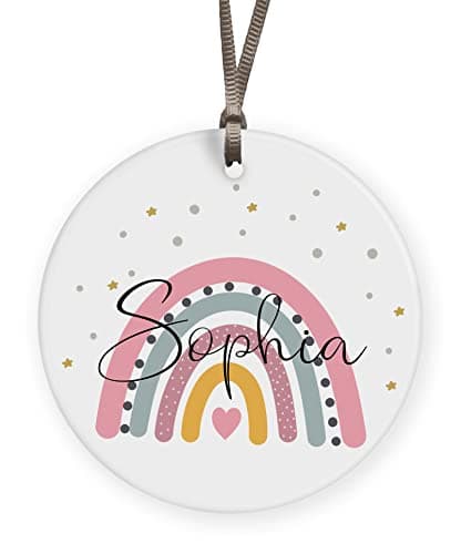 Image of Personalised Pink Rainbow Wooden Plaque Hanging Decoration For Girls Wood Ornament Custom Baby Girls Keepsake Babies Present