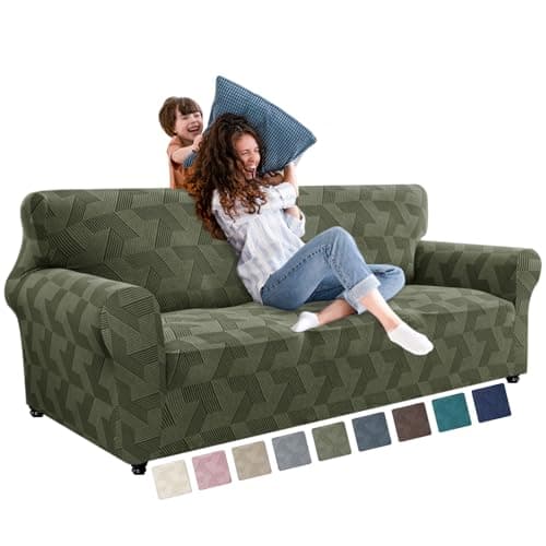 Image of XINEAGE Stretch Sofa Covers 3 Seater, 1 Piece Sofa Slipcovers with Non Slip Design, Soft Couch Covers, Washable Furniture Protector for Dog/Pets Feature Geometrical Jacquard Fabric(Sofa,Army Green)