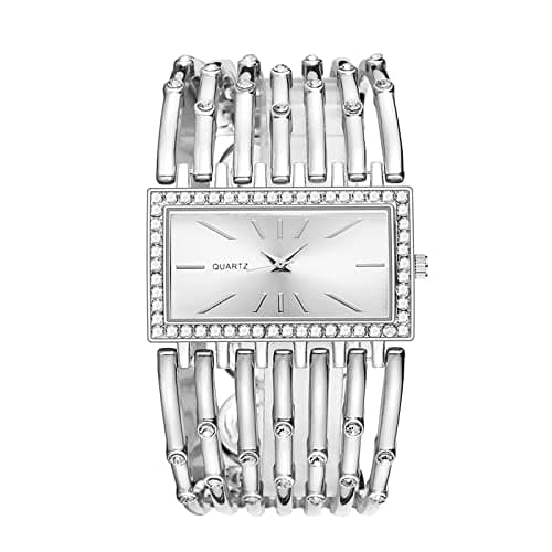 Image of Trendy Rhinestone Ladies Steel Bracelet Watch Fashion Europe And The United States Style Quartz Square Female Watch Stretch Watch (Silver, One Size)